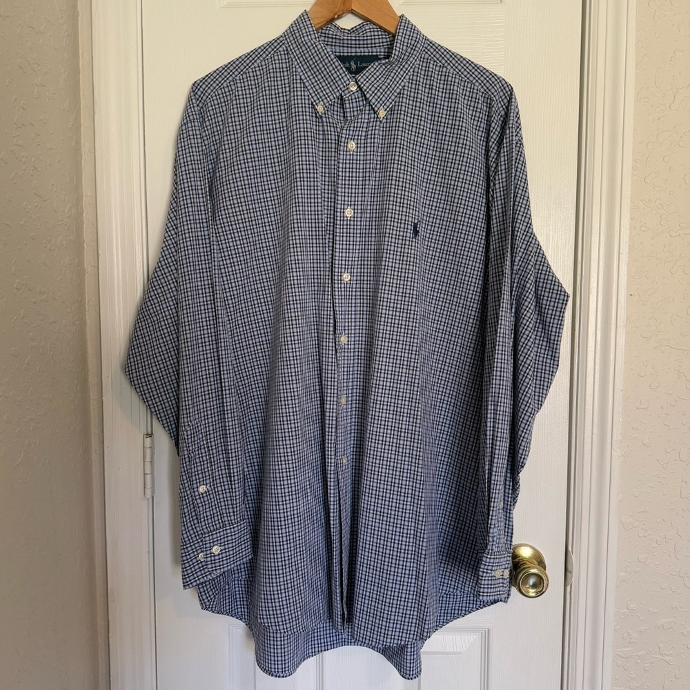 Ralph Lauren 100% Cotton Navy Plaid Button Down Shirt 17.5 - Picture 3 of 8